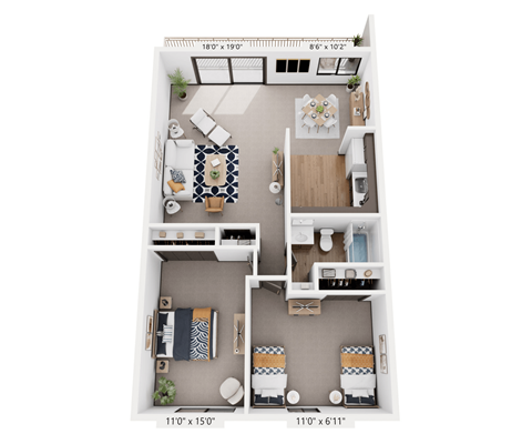 Floor plan for 2 beds, 1 bath, 900 sqft